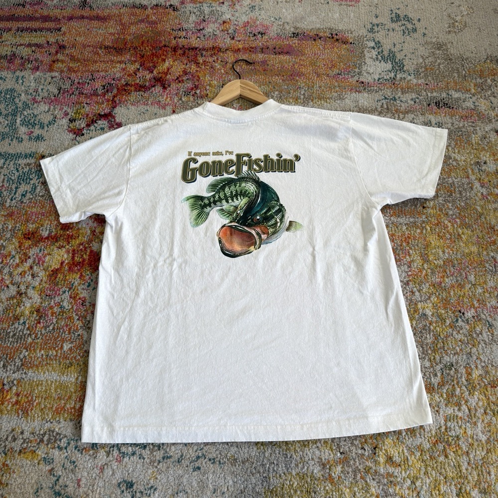 Vintage Columbia Sportswear Largemouth Bass Fishing T-Shirt Size L Gone Fishin'